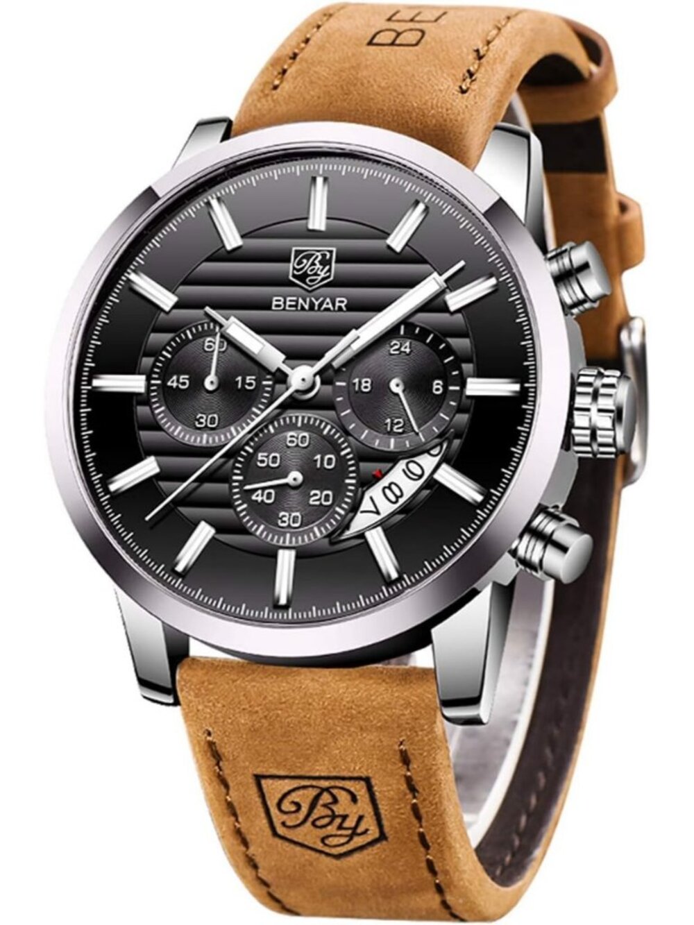 Men's Brown Black Analog Quartz Leather Strap Chronograph Waterproof Wrist Watch
